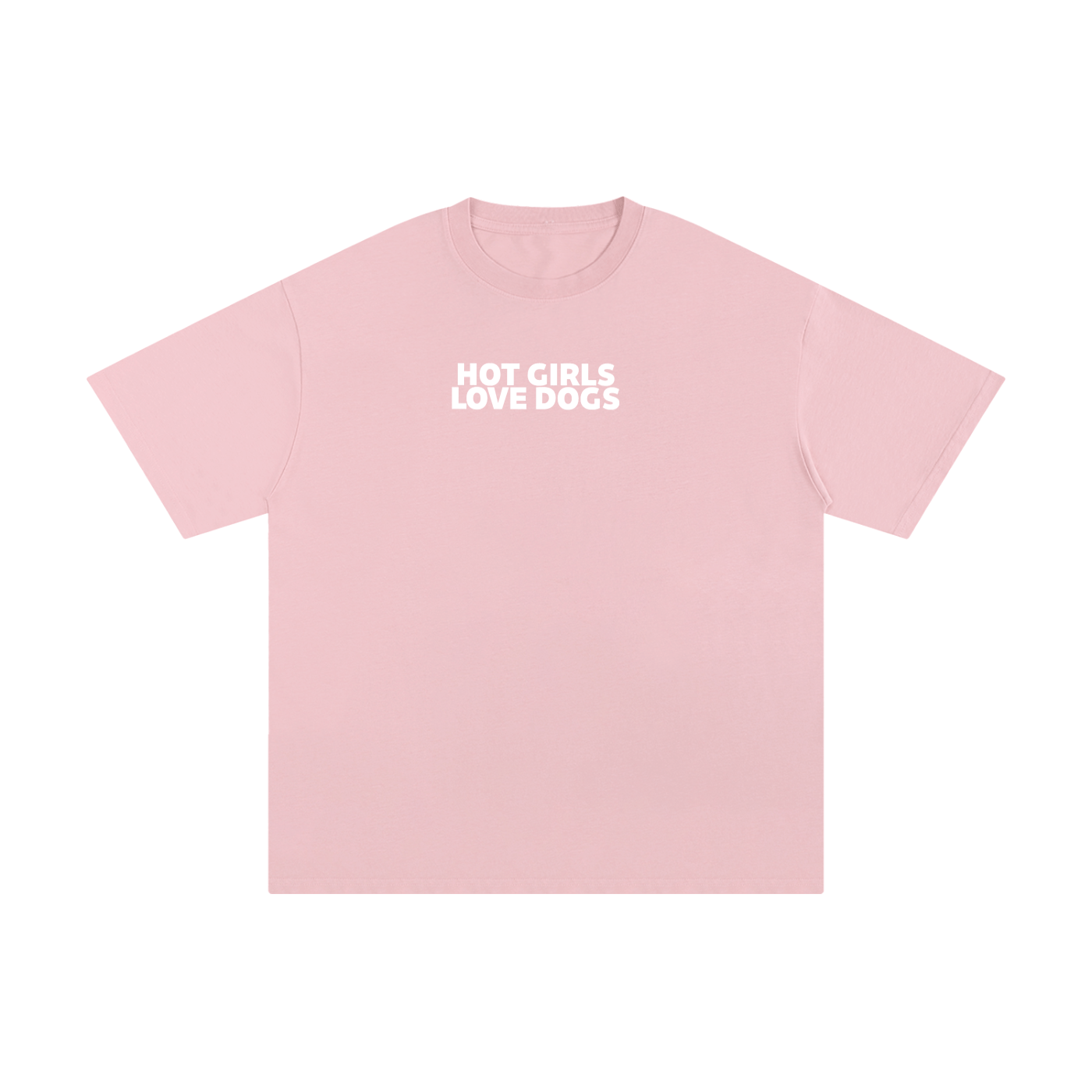 Pink t-shirt with 'HOT GIRLS LOVE DOGS' text on a white background